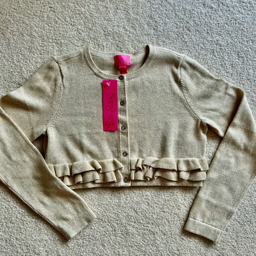 Lilly Pulitzer NWT Girls Cropped Gold Metallic Fleur Cardigan Size XL 12-14